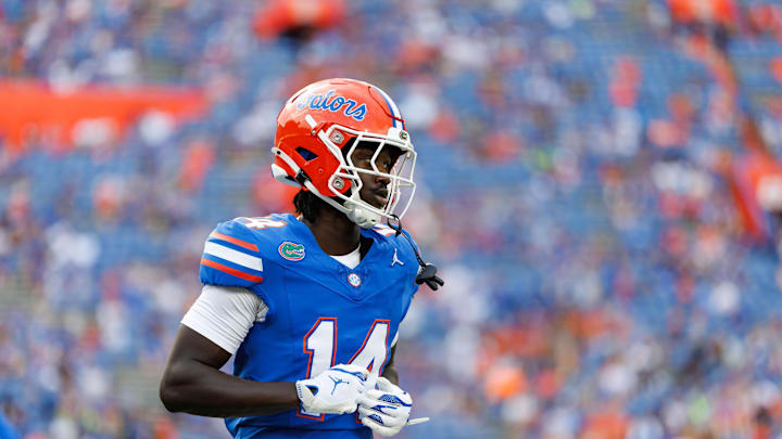 Aug 30, 2025; Gainesville, Florida, USA; Florida Gators wide receiver Muizz Tounkara (14) looks on before a game against the Long Island Sharks at Ben Hill Griffin Stadium. Mandatory Credit: Matt Pendleton-Imagn Images
