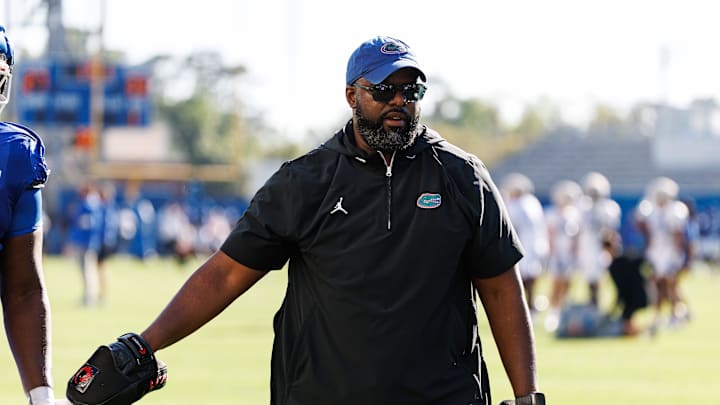 Florida Gators assistant coach for defensive line Gerald Chatman gestures during spring football practice at Heavener Football Complex at the University of Florida in Gainesville, FL on Tuesday, March 11, 2025. [Matt Pendleton/Gainesville Sun]