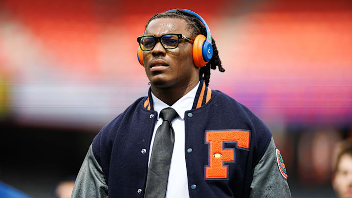 Oct 4, 2025; Gainesville, Florida, USA; Florida Gators linebacker Aaron Chiles (8) walks on the field during Gator Walk before a game against the Texas Longhorns at Ben Hill Griffin Stadium. Mandatory Credit: Matt Pendleton-Imagn Images