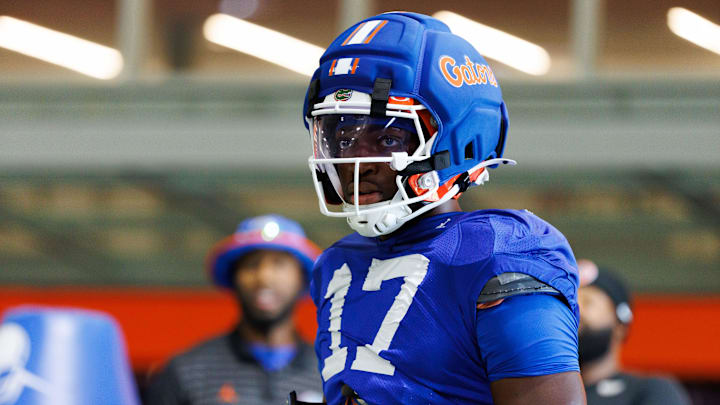 Florida Gators edge Titus Bullard (17) looks on during fall football practice at Sanders Indoor Practice Fields at the University of Florida in Gainesville, FL on Thursday, August 7, 2025. [Matt Pendleton/Gainesville Sun]