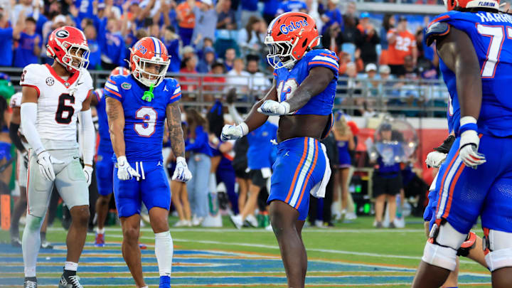 Florida Gators running back Jadan Baugh (13) celebrates his touchdown score during the third quarter of an NCAA football game, Saturday, Nov. 1, 2025, at EverBank Stadium in Jacksonville, Fla. Georgia held off Florida 24-20. [Corey Perrine/Florida Times-Union]