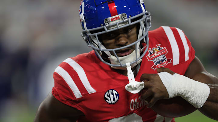 Mississippi Rebels linebacker Tyler Banks (34) runs the ball before the TaxSlayer Gator Bowl Thursday, Jan. 2, 2025 at EverBank Stadium in Jacksonville, Fla. [Corey Perrine/Florida Times-Union]