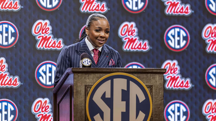 Oct 14, 2025; Birmingham, AL, USA; Ole Miss Rebels head coach Yolett McPhee-McCuin talks with the media during SEC Media Days at Grand Bohemian Hotel. Mandatory Credit: Vasha Hunt-Imagn Images