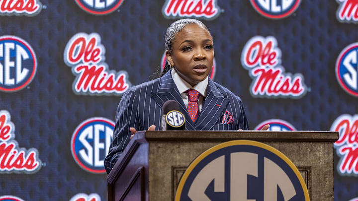 Oct 14, 2025; Birmingham, AL, USA; Ole Miss Rebels head coach Yolett McPhee-McCuin talks with the media during SEC Media Days at Grand Bohemian Hotel. Mandatory Credit: Vasha Hunt-Imagn Images