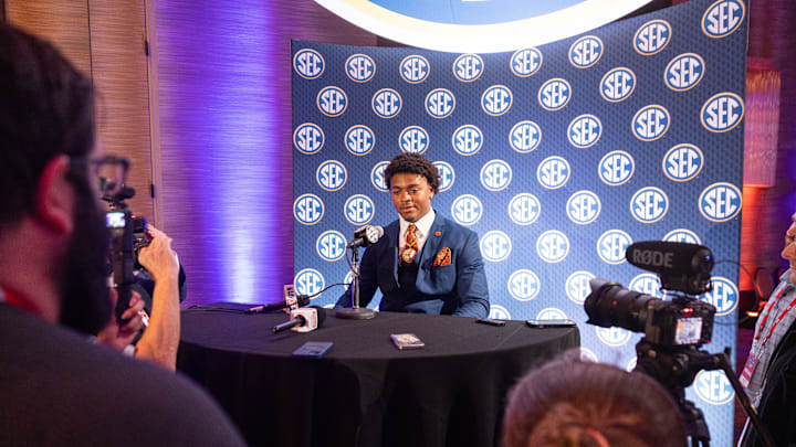 Jul 18, 2024; Dallas, TX, USA; Auburn defensive end Keldric Faulk speaking to the media at Omni Dallas Hotel. Mandatory Credit: Brett Patzke-Imagn Images