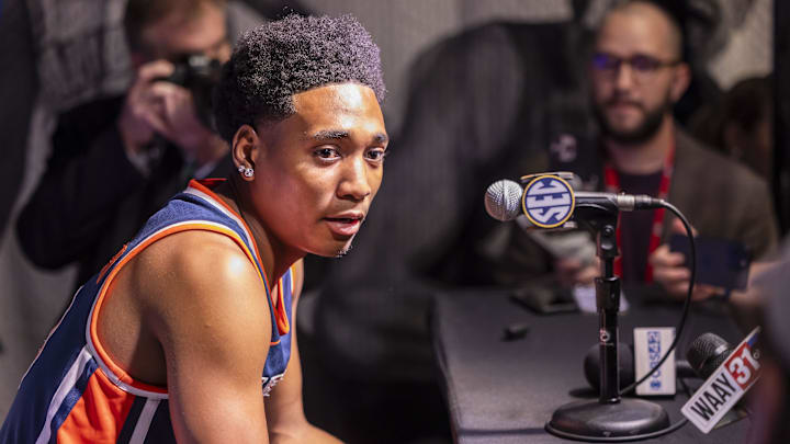 Oct 15, 2025; Birmingham, AL, USA; Auburn Tigers guard Tahaad Pettiford talks with the media during SEC Media Days at Grand Bohemian Hotel. Mandatory Credit: Vasha Hunt-Imagn Images