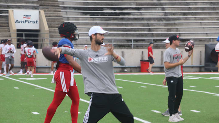 Jacksonville State football offensive coordinator Clint Trickett throws a ball during a fall practice on Burgess-Snow Field at AmFirst Stadium in Jacksonville, Alabama on August, 6, 2025. (Maxwell Donaldson, The Gadsden Times)