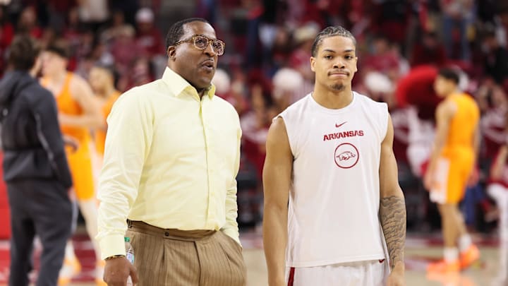 Jan 3, 2026; Fayetteville, Arkansas, USA;  Arkansas Razorbacks assistant coach Chin Coleman talks to guard Darius Acuff Jr warms prior to the game against the Tennessee Volunteers at Bud Walton Arena. Mandatory Credit: Nelson Chenault-Imagn Images