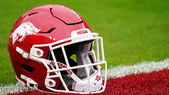 Oct 14, 2023; Tuscaloosa, Alabama, USA; Arkansas Razorbacks helmet seen on the field before their game against the Alabama Crimson Tide at Bryant-Denny Stadium. Mandatory Credit: John David Mercer-Imagn Images
