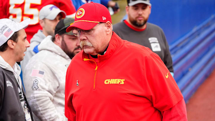 Nov 17, 2024; Orchard Park, New York, USA; Kansas City Chiefs head coach Andy Reid walks onto the field prior to the game against the Buffalo Bills at Highmark Stadium. Mandatory Credit: Gregory Fisher-Imagn Images