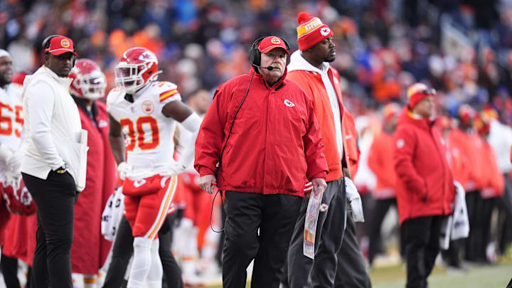 Jan 5, 2025; Denver, Colorado, USA; Kansas City Chiefs head coach Andy Reid during the second quarter against the Kansas City Chiefs at Empower Field at Mile High. Mandatory Credit: Ron Chenoy-Imagn Images