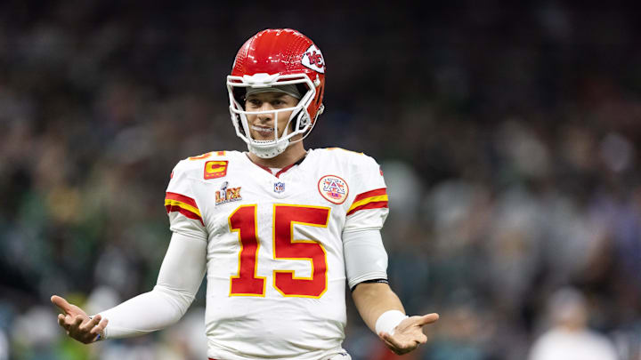 Feb 9, 2025; New Orleans, LA, USA;  Kansas City Chiefs quarterback Patrick Mahomes (15) reacts against the Philadelphia Eagles in Super Bowl LIX at Ceasars Superdome. Mandatory Credit: Mark J. Rebilas-Imagn Images