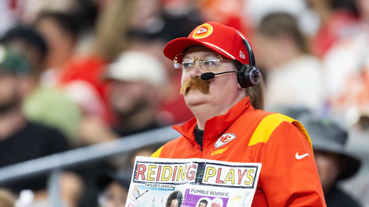 Aug 9, 2025; Glendale, Arizona, USA; A fan in the crowd dressed in a costume of Kansas City Chiefs head coach Andy Reid against the Arizona Cardinals during a preseason NFL game at State Farm Stadium. Mandatory Credit: Mark J. Rebilas-Imagn Images