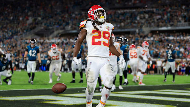 Kansas City Chiefs running back Kareem Hunt (29) scores a touchdown during the fourth quarter of an NFL football matchup at EverBank Stadium, Monday, Oct. 6, 2025, in Jacksonville, Fla. The Jacksonville Jaguars edged the Kansas City Chiefs 31-28. [Corey Perrine/Florida Times-Union]