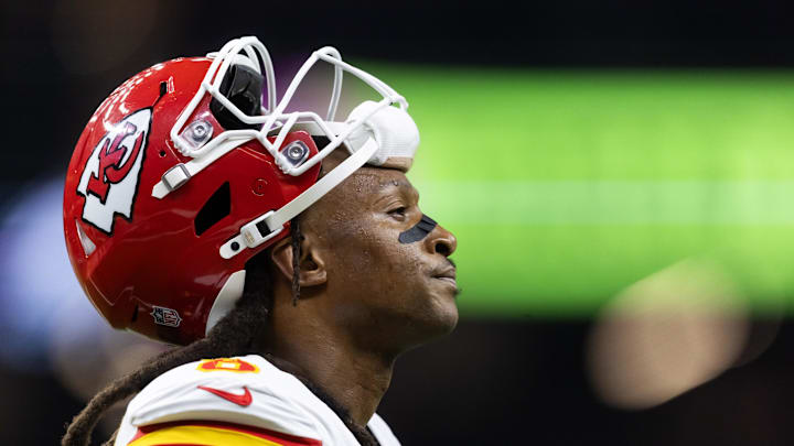 Feb 9, 2025; New Orleans, LA, USA;  Kansas City Chiefs wide receiver DeAndre Hopkins (8) against the Philadelphia Eagles in Super Bowl LIX at Ceasars Superdome. Mandatory Credit: Mark J. Rebilas-Imagn Images