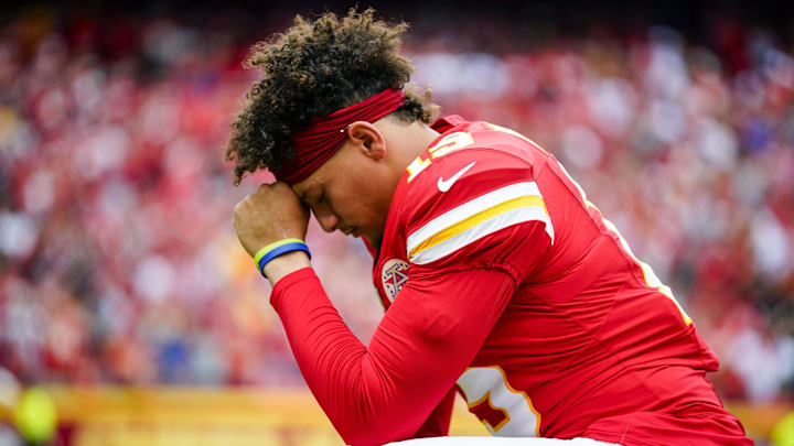 Aug 26, 2023; Kansas City, Missouri, USA; Kansas City Chiefs quarterback Patrick Mahomes (15) reacts