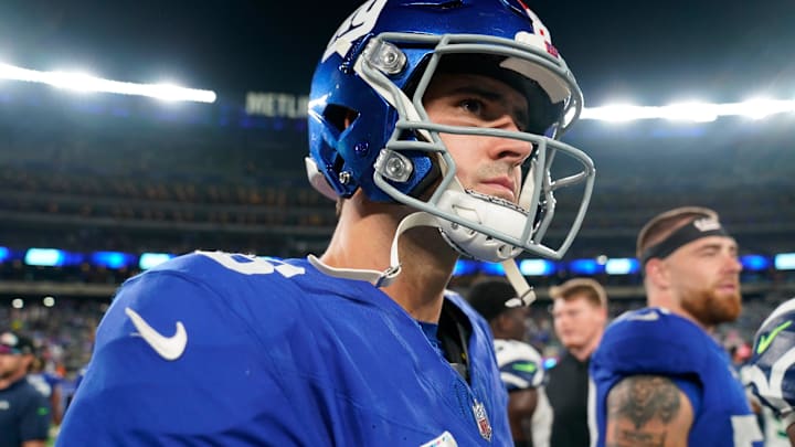 New York Giants quarterback Daniel Jones (8) on the field after losing to the Seattle Seahawks,