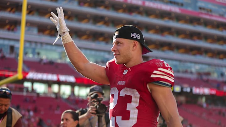 Oct 1, 2023; Santa Clara, California, USA; San Francisco 49ers running back Christian McCaffrey (23)