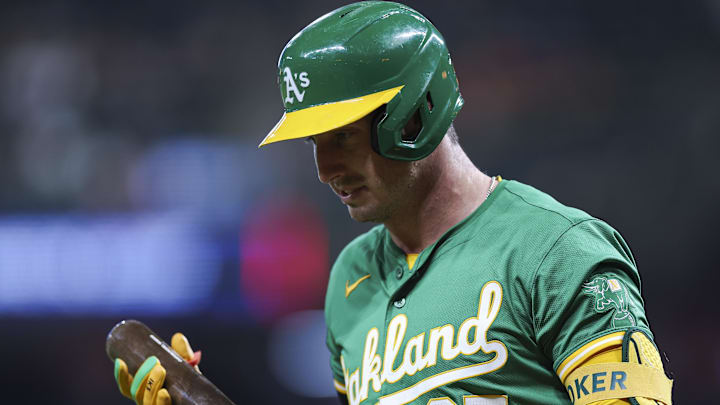 May 16, 2024; Houston, Texas, USA; Oakland Athletics left fielder Brent Rooker (25) reacts after an