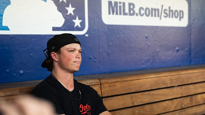 Norfolk Tides infielder Jackson Holliday answers questions from the media prior to his team's game with the WooSox Friday at Polar Park.