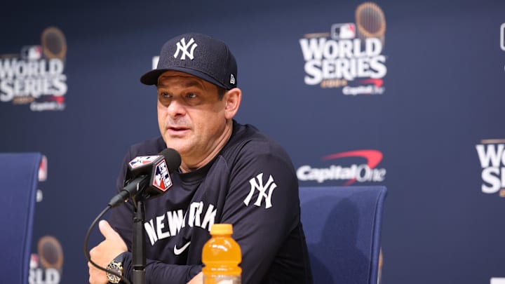 Oct 25, 2024; Los Angeles, California, USA; New York Yankees manager Aaron Boone (17) talks with the media before the game against the Los Angeles Dodgers during game one of the 2024 MLB World Series at Dodger Stadium. Mandatory Credit:  Kiyoshi Mio-Imagn Images