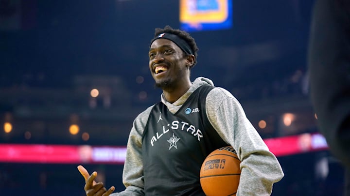 Feb 15, 2025; Oakland, CA, USA; Chuck’s Global Stars forward Pascal Siakam (43) of the Indiana Pacers interacts with fans during the NBA All Star-Practice at Oracle Arena. Mandatory Credit: Cary Edmondson-Imagn Images