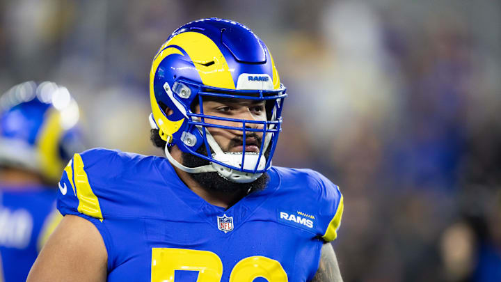Jan 13, 2025; Glendale, AZ, USA; Los Angeles Rams guard Jonah Jackson (72) against the Minnesota Vikings during an NFC wild card game at State Farm Stadium. Mandatory Credit: Mark J. Rebilas-Imagn Images