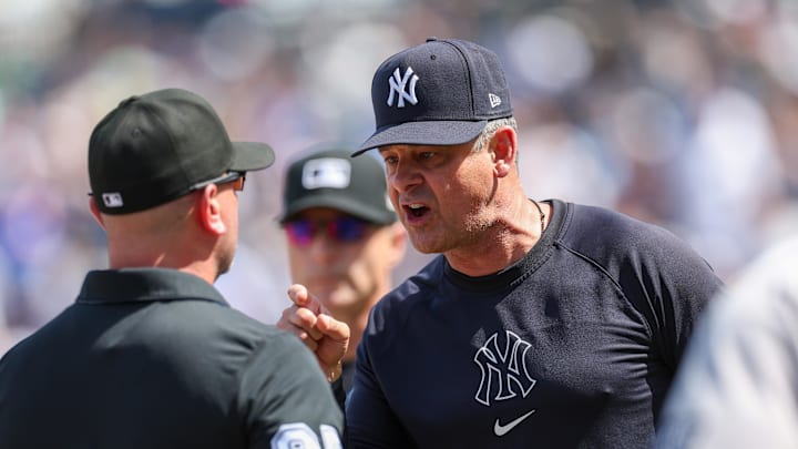 New York Yankees manager Aaron Boone (17) argues with umpire Scott Berry  (87) against the Tampa Bay Rays. Mandatory Credit: Nathan Ray Seebeck-Imagn Images