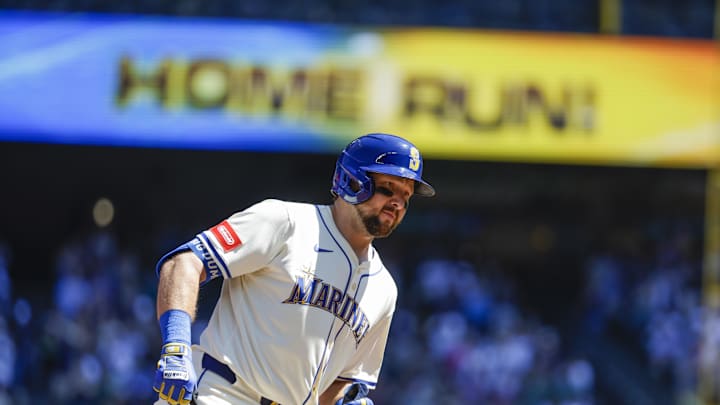 Aug 10, 2025; Seattle, Washington, USA; Seattle Mariners designated hitter Cal Raleigh (29) runs the bases after hitting a two-run against the Tampa Bay Rays during the first inning at T-Mobile Park. Mandatory Credit: Joe Nicholson-Imagn Images