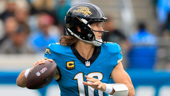 Jacksonville Jaguars quarterback Trevor Lawrence (16) looks to pass during the second quarter of an NFL football matchup at EverBank Stadium, Sunday, Jan. 4, 2026, in Jacksonville, Fla. The Jaguars defeated the Titans 41-7, capturing the AFC South title. [Corey Perrine/Florida Times-Union]