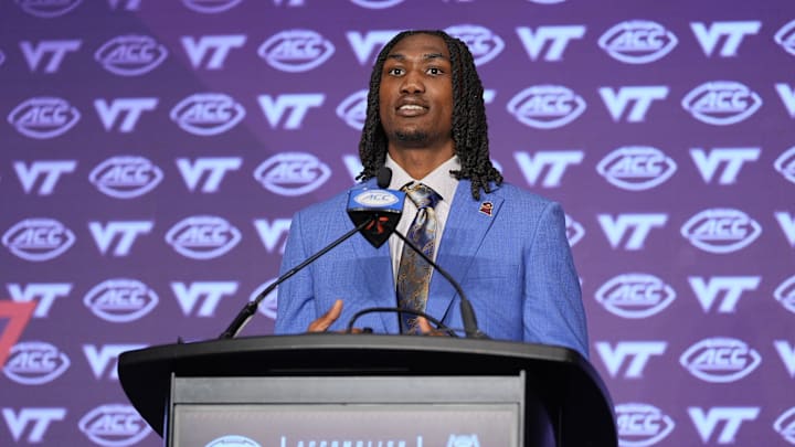Jul 23, 2024; Charlotte, NC, USA; Virginia Tech cornerback Dorian Strong answers questions from the media during the ACC Kickoff at Hilton Charlotte Uptown. Mandatory Credit: Jim Dedmon-USA TODAY Sports