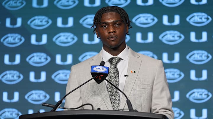 Jul 24, 2024; Charlotte, NC, USA;  Miami Hurricanes quarterback Cam Ward speaks to the media during the ACC Kickoff at Hilton Charlotte Uptown. Mandatory Credit: Jim Dedmon-USA TODAY Sports