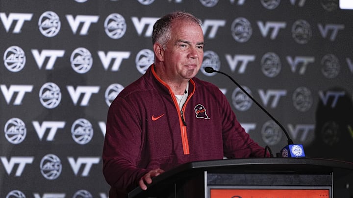 Oct 10, 2024; Charlotte, NC, USA;  Virginia player Tech head coach Mike Young at The Hilton Charlotte Uptown. Mandatory Credit: Jim Dedmon-Imagn Images
