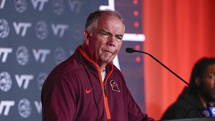 Oct 10, 2024; Charlotte, NC, USA; Virginia player Tech head coach Mike Young at The Hilton Charlotte Uptown. Mandatory Credit: Jim Dedmon-Imagn Images