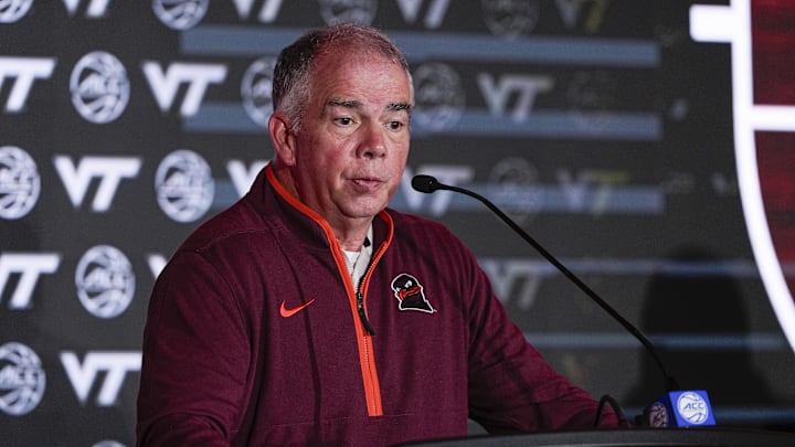 Oct 10, 2024; Charlotte, NC, USA;  Virginia player Tech head coach Mike Young at The Hilton Charlotte Uptown. Mandatory Credit: Jim Dedmon-Imagn Images