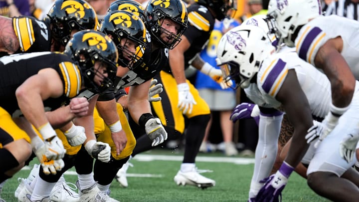 The Iowa Hawkeyes offensive line squares off against the Albany Great Danes Aug. 30, 2025 at Kinnick Stadium in Iowa City, Iowa.