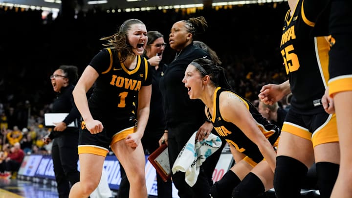 Iowa Hawkeyes guard Taylor Stremlow (1) and Iowa Hawkeyes guard Taylor McCabe (2) react during a Big Ten women’s basketball game between the Iowa Hawkeyes and USC Trojans Sunday, Feb. 2, 2025 at Carver-Hawkeye Arena in Iowa City, Iowa.
