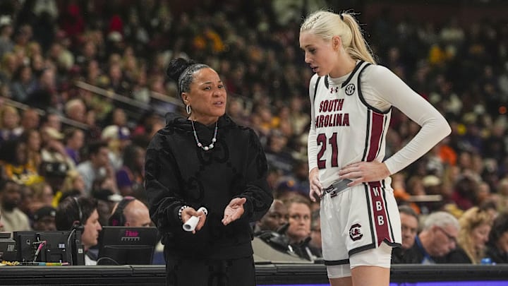South Carolina basketball coach Dawn Staley with forward Chloe Kitts