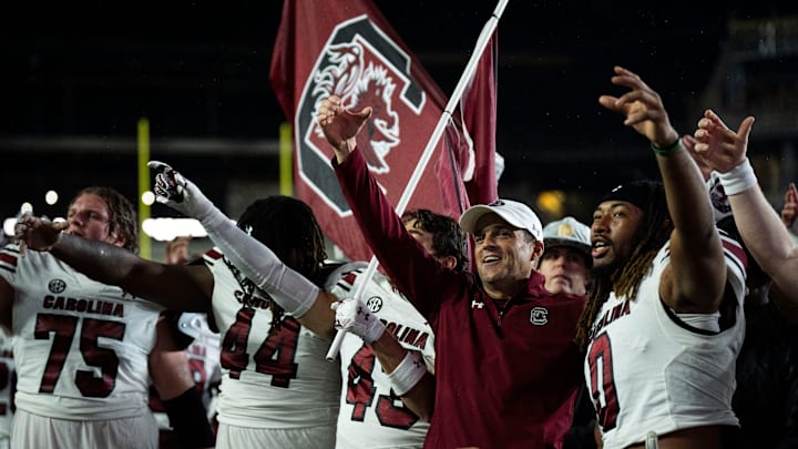 South Carolina Gamecocks head coach Shane Beamer sings the fight song with his team towards the fans after their win against Vanderbilt Commodores at FirstBank Stadium in Nashville, Tenn., Saturday, Nov. 9, 2024.