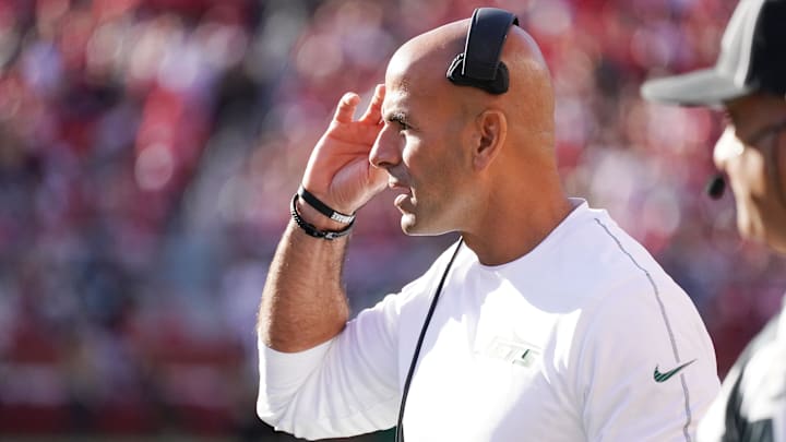 Sep 9, 2024; Santa Clara, California, USA;  New York Jets head coach Robert Salah during the first quarter against the San Francisco 49ers at Levi's Stadium. Mandatory Credit: David Gonzales-Imagn Images