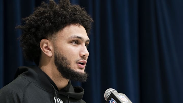 Feb 28, 2025; Indianapolis, IN, USA; Mississippi wideout Jordan Watkins (WO43) talks to the press during the 2025 NFL Combine at Indiana Convention Center. Mandatory Credit: Stephanie Amador Blondet-Imagn Images