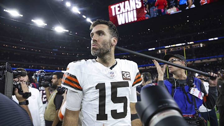 Jan 13, 2024; Houston, Texas, USA; Cleveland Browns quarterback Joe Flacco (15) on the field after a