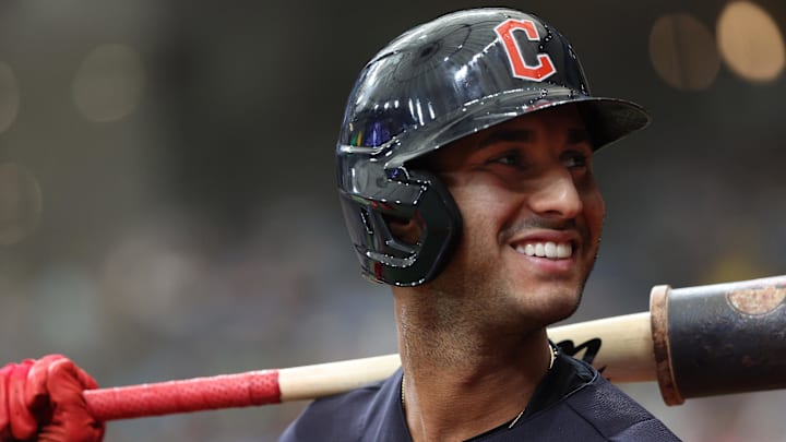 Aug 12, 2023; St. Petersburg, Florida, USA;  Cleveland Guardians shortstop Brayan Rocchio (6)
