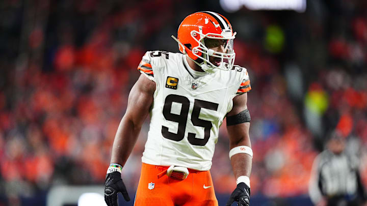 Dec 2, 2024; Denver, Colorado, USA; Cleveland Browns defensive end Myles Garrett (95) during the third quarter against the Denver Broncos at Empower Field at Mile High. Mandatory Credit: Ron Chenoy-Imagn Images