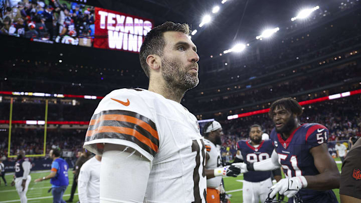 Jan 13, 2024; Houston, Texas, USA; Cleveland Browns quarterback Joe Flacco (15) on the field after a