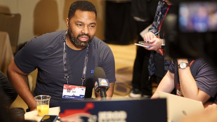 Mar 25, 2024; Orlando, FL, USA;  New England Patriots head coach Jarod Mayo talks to media during