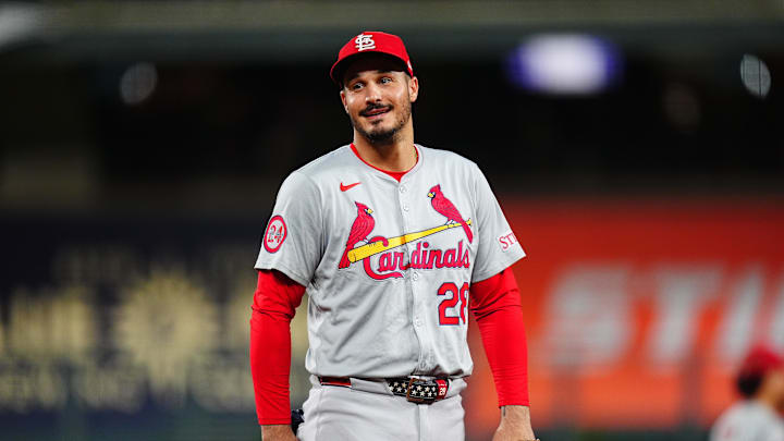 Sep 25, 2024; Denver, Colorado, USA; St. Louis Cardinals third base Nolan Arenado (28) reacts in the third inning against the Colorado Rockies at Coors Field. Mandatory Credit: Ron Chenoy-Imagn Images