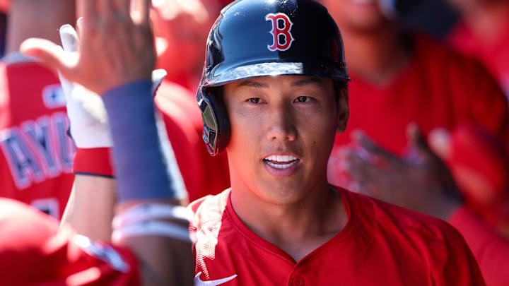 Mar 18, 2025; Tampa, Florida, USA; Boston Red Sox outfielder Masataka Yoshida (7) celebrates after hitting a two run home run against the New York Yankees in the sixth inning during spring training at George M. Steinbrenner Field. Mandatory Credit: Nathan Ray Seebeck-Imagn Images