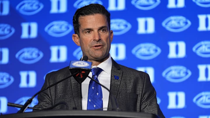 Jul 24, 2024; Charlotte, NC, USA; Duke Blue Devils head coach Manny Diaz speaks to the media during the ACC Kickoff at Hilton Charlotte Uptown. Mandatory Credit: Jim Dedmon-USA TODAY Sports