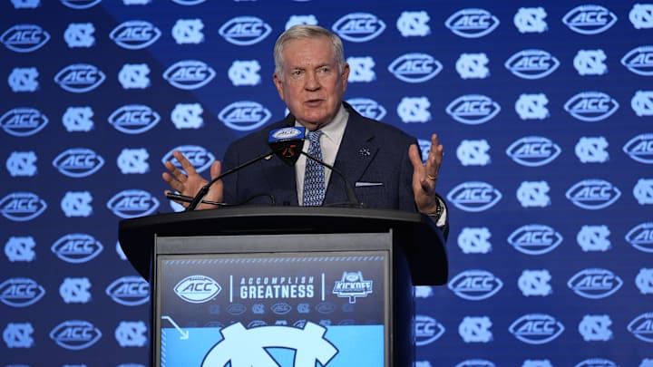 Jul 25, 2024; Charlotte, NC, USA;  UNC Tar Heels head coach Mack Brown speaks to the media during the ACC Kickoff at Hilton Charlotte Uptown.